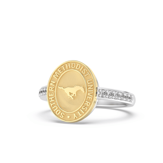 228 Vida Southern Methodist University Ring | SMU displayed with gold and silver design and diamonds.