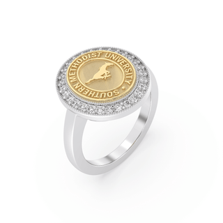 234 Pursuit Southern Methodist University Ring | SMU featuring a polished gold and silver design with a halo of stones.