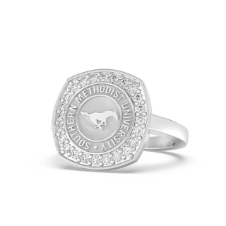 237 Luna Southern Methodist University Ring | SMU showing elegant squared halo design with SMU logo.