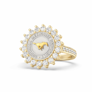 245 Prestige Southern Methodist University Ring | SMU with halo stones and university seal design.