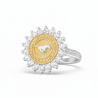 Silver ring ring with yellow gold Southern Methodist University logo and diamonds on a white background