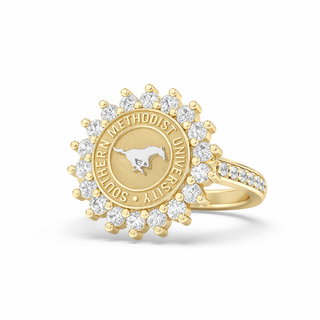 Gold ring with Southern Methodist University logo and diamonds on a white background