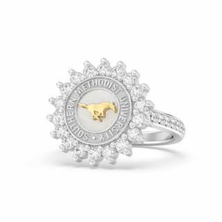 Silver ring with Southern Methodist University logo and diamonds on a white background
