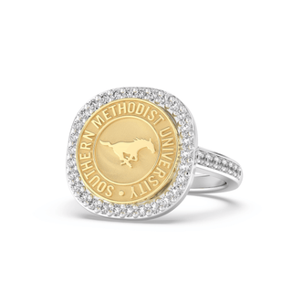 247 Milestone Southern Methodist University Ring | SMU featuring a gold emblem and diamond halo.