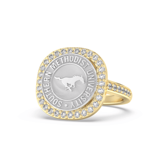 247 Milestone Southern Methodist University Ring | SMU with a silver seal and diamond-like stones.