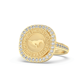 247 Milestone Southern Methodist University Ring | SMU with square halo and dazzling stones.