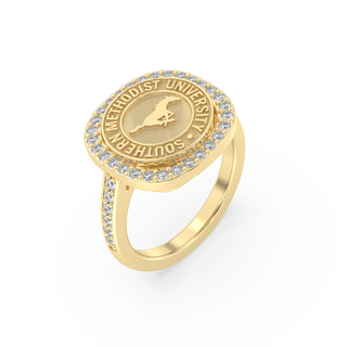 247 Milestone Southern Methodist University Ring | SMU with square halo and stones around the seal.