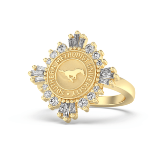 310 Glory Southern Methodist University Ring | SMU with gold band and sparkling stones, showcasing the SMU seal.