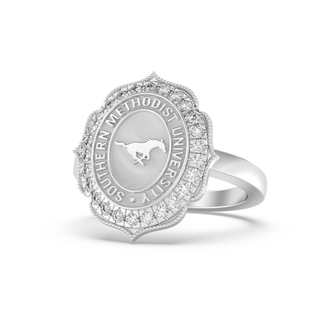 312 Grace Southern Methodist University Ring | SMU, elegant silver ring with SMU seal and stone details.