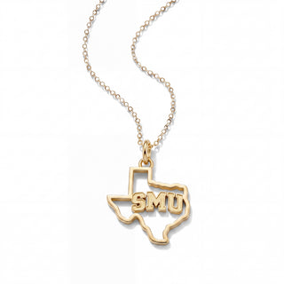 A gold necklace featuring a pendant shaped like the state of Texas, with the letters 'SMU' cut into the center, displayed on a clean white background.