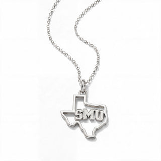 A silver necklace featuring a pendant shaped like the state of Texas, with the letters 'SMU' inlaid in the center, on a clean white background.
