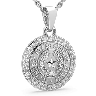 silver pendant with 'Southwest Texas State University' text on a white background | SWT | Necklace