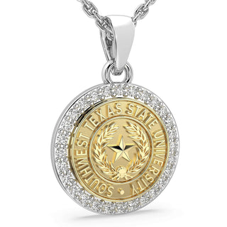 two tone Gold pendant with 'Southwest Texas State University' text on a white background | SWT | Necklace