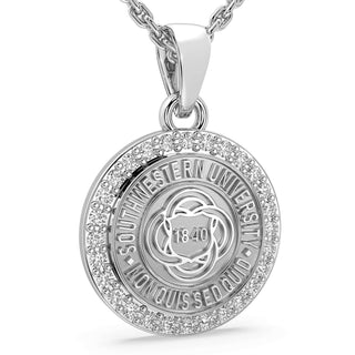 249 Eternity SU Necklace | Southwestern University featuring a silver pendant with stones around the university seal.