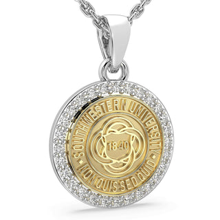 249 Eternity SU Necklace | Southwestern University featuring a gold seal and halo of stones, symbolizing luxury and elegance.