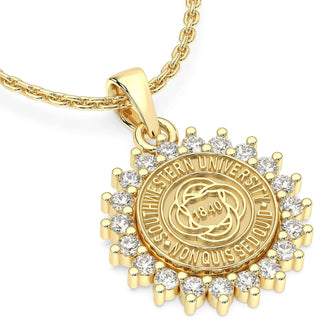 245 Prestige SU Necklace | Southwestern University featuring a halo of 2mm stones around the logo.