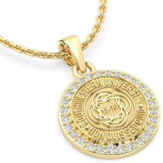 249 Eternity SU Necklace | Southwestern University with halo of stones and university seal.