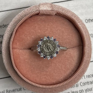 SFA Class Ring | San Jose Jewelers 193 Graduation Ring featuring the Stephen F Austin seal with purple stones and diamonds