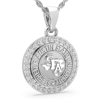 Silver pendant with 'Stephen F Austin University' logo on a white background | 249 Eternity SFA Necklace | Stephen F. Austin University