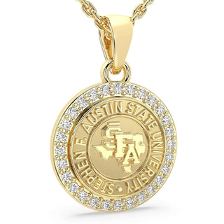 Gold pendant with 'Stephen F. Austin University' on a white background  | 249 Eternity SFA Necklace | Stephen F. Austin University