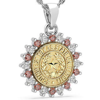 two tone Gold pendant with 'Southwest Texas State University' text on a white background | SWT | Necklace