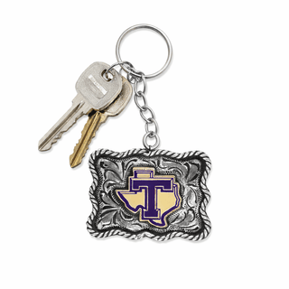 tarleton state university belt buckle key chain with purple t and gold texas with keys