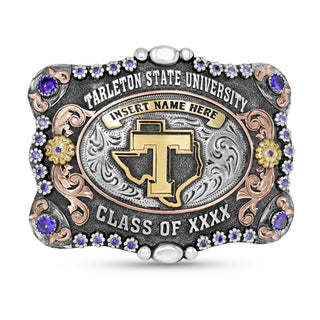 Decorative belt buckle with Tarleton State University logo and customizable text on a white background