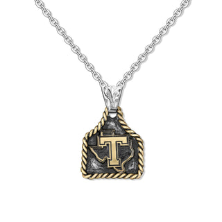 Tarleton State University black cattle tag necklace with gold rope border and TSU Texas logo on silver chain