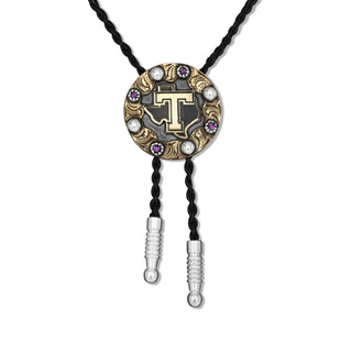 tarleton state university round yellow gold bolo tie with black texas and gold tarleton t with purple stones 