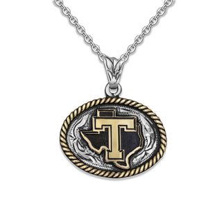 Tarleton State University black ranger belt buckle necklace with gold TSU Texas logo and rope edge silver frame