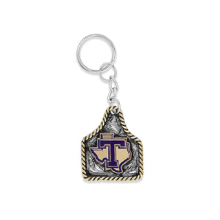 tarleton state university cattle tag key chain with purple t and gold texas