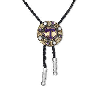 tarleton state university round yellow gold bolo tie with gold texas and purple tarleton t with purple stones 