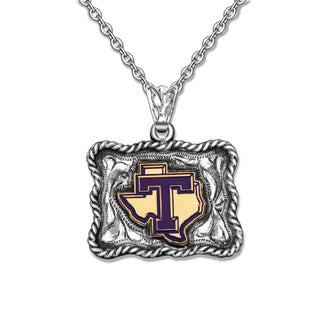 Tarleton State University purple spur belt buckle necklace with gold TSU Texas emblem and silver western frame