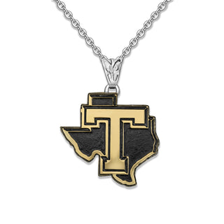 Tarleton State University Texas-shaped necklace with gold TSU logo and black western-textured background