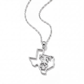 A silver necklace featuring a pendant shaped like the state of Texas, with a central circular emblem, shown on a clean white background.