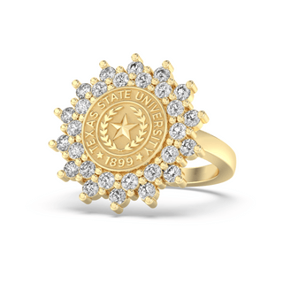 Yellow Gold graduation class ring with Texas State University emblem and stone accents on a white background