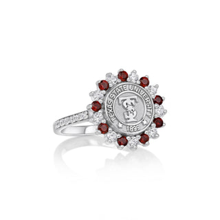 Texas State University Silver ring with red gemstones and Texas State University emblem on a white background