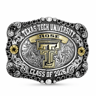 Texas Tech University belt buckle with text on a white background