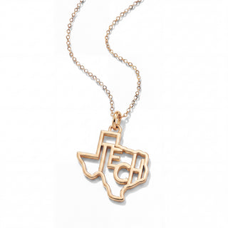 A gold necklace featuring a pendant shaped like the state of Texas, with the initials 'T' and 'E' cut out in the center, displayed on a clean white background.