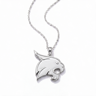 A silver-toned bobcat head pendant necklace on a matching silver ball chain, displayed against a clean white background.