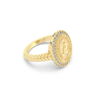 yellow Gold graduation class ring with 'The University of Alabama' emblem on a white background