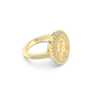 Yellow Gold graduation class ring with 'The University of Alabama' emblem and diamonds on a white background