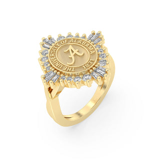 Yellow Gold graduation class ring with 'The University of Alabama' and year 1831 on a white background