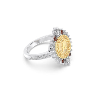 Yellow Gold graduation class ring with 'University of Alabama' emblem and red gemstones on a white background