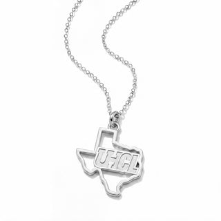 A silver necklace featuring a pendant shaped like the state of Texas, with the letters 'UHCL' cut into the center, suspended from a delicate silver cable chain against a plain white background.