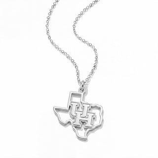 A silver necklace featuring a pendant shaped like the state of Texas, with the letters 'UH' integrated into the design, suspended from a delicate silver chain against a plain white background.
