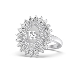 University of Houston UH graduation Class ring in oval with diamonds around seal silver