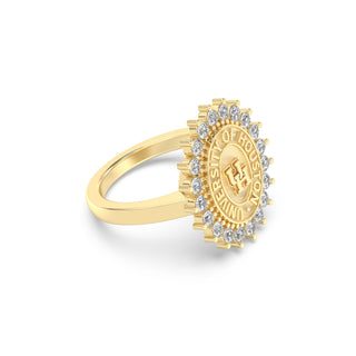 University of Houston UH graduation Class ring in oval with diamonds around seal side view
