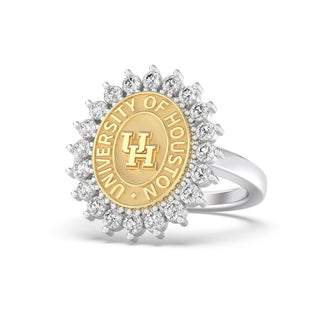 University of Houston UH graduation Class ring in oval with diamonds around seal white gold or silver with yellow gold seal 
