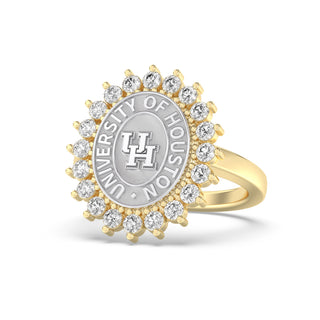 University of Houston UH graduation Class ring in oval with diamonds around seal yellow gold ring with white gold seal 
